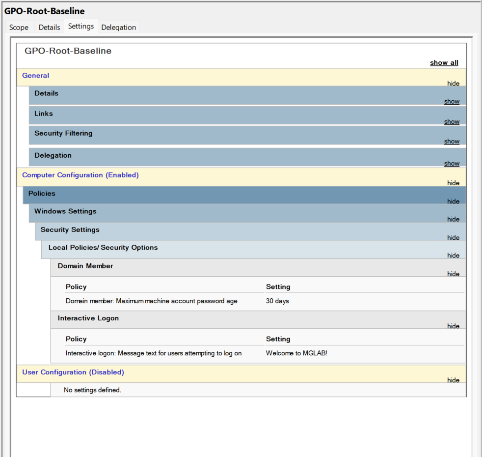 Root Baseline GPO linked to the lab domain