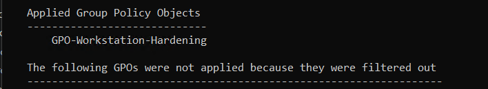 Second result screen showing parent GPOs excluded by Block Inheritance